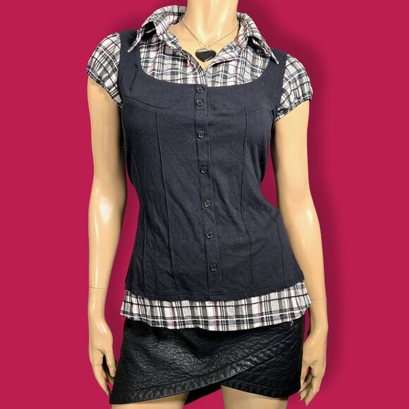 Y2K Button Up Blouse Top Size L Black White Plaid Short Sleeve Stretch Tie Back - Picture 1 of 9
